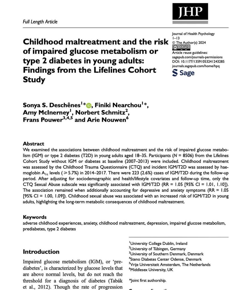 📢New paper📢 @SonyaDeschenes on the longitudinal links of childhood trauma & impaired glucose metabolism/Type2 #diabetes using @LifelinesNL: We found that sexual abuse poses increased risk of long term metabolic consequences in young adults. Read👇 doi.org/10.1177/135910…