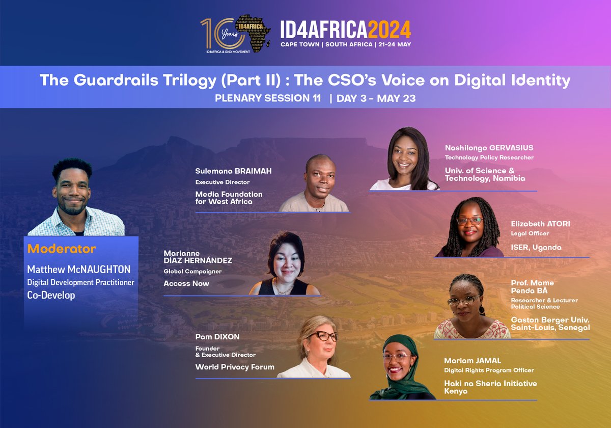 The Guardrails Trilogy @ID4Africa 2024 Part 2 of this exciting Trilogy (PS11) will highlight the CSO voice in Digital Identity. Panelists will cover CSO contributions, opportunities to enhance participation and collaboration, and more. Join us: id4africaevents.com/2024/registrat…