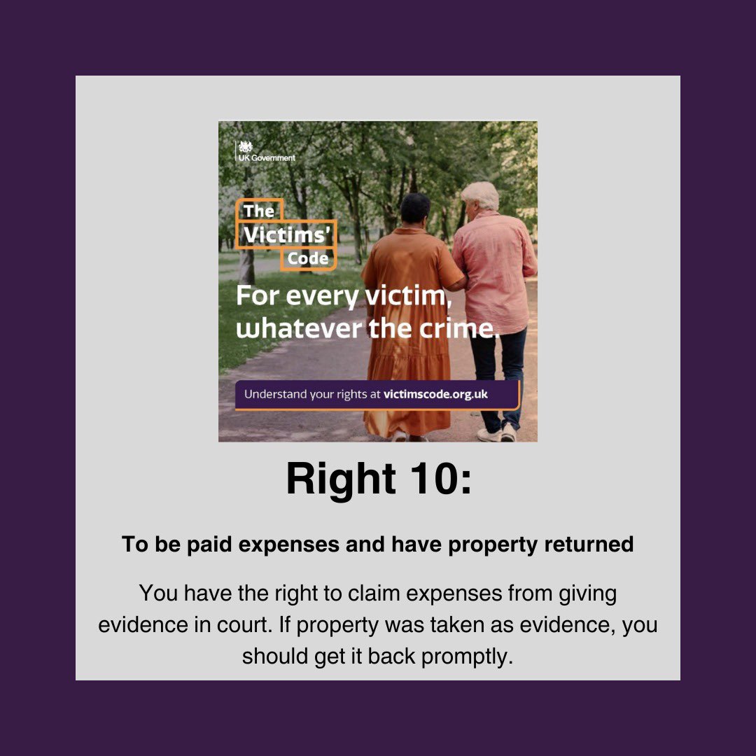 If you give evidence in court, you have the Right to claim expenses from the @CPSUK for e.g. travel, child care, loss of earnings and meals. If the police took any of your property as evidence, you have the Right to get it back promptly #KnowYourRights bit.ly/43WFohM