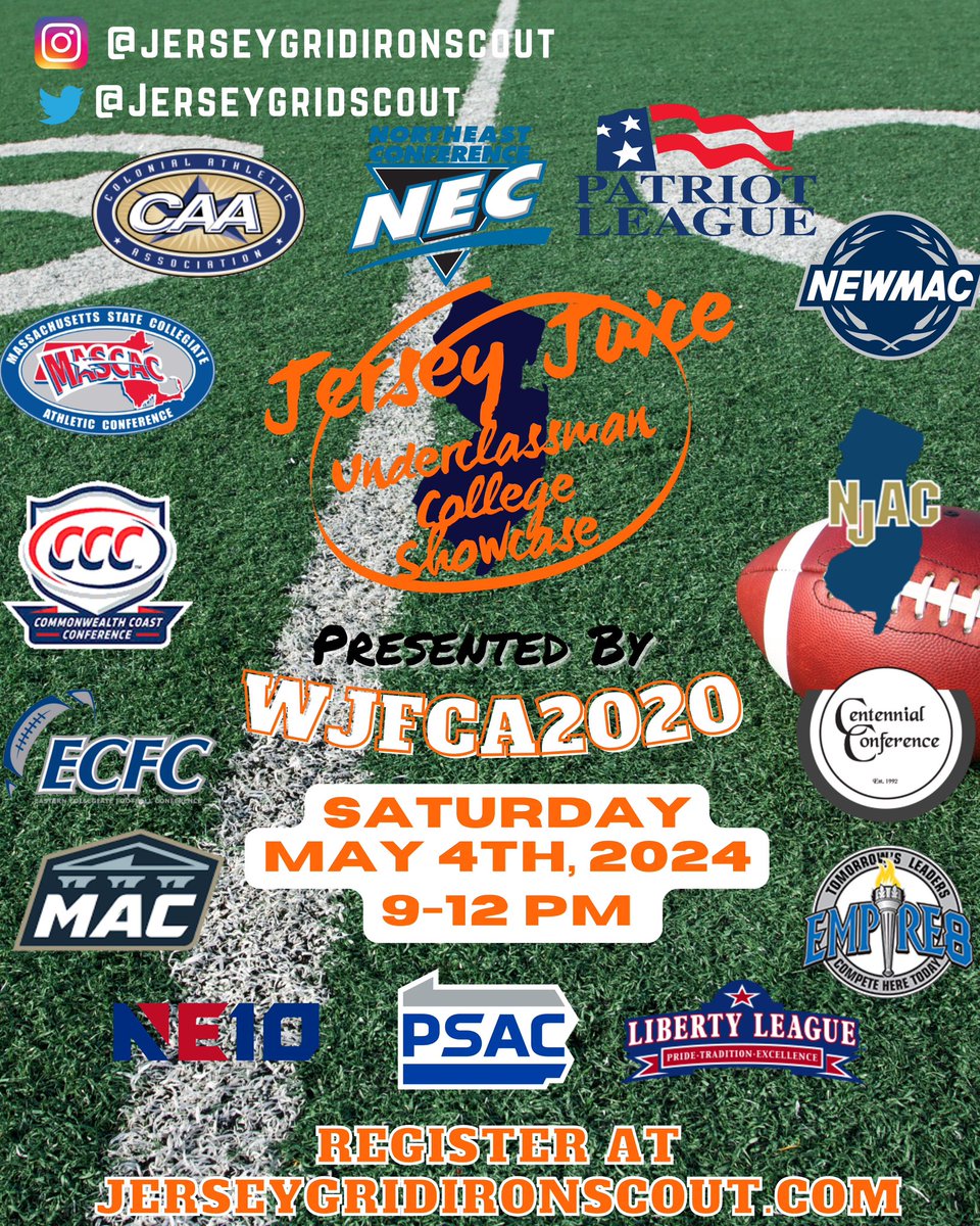 💥3 Weeks Left to REGISTER for the Jersey Juice 🍊Underclassman College Showcase‼️ ✅14 Conferences ✅50 Colleges ✅In Person Eval’s 🎯Opportunity Knocks Register Today ⤵️⤵️⤵️ jerseygridironscout.totalcamps.com/About%20Us ✅Biggest Recruiting Showcase in the NE REGION‼️ @WJFCA2020 @HermitsFootball