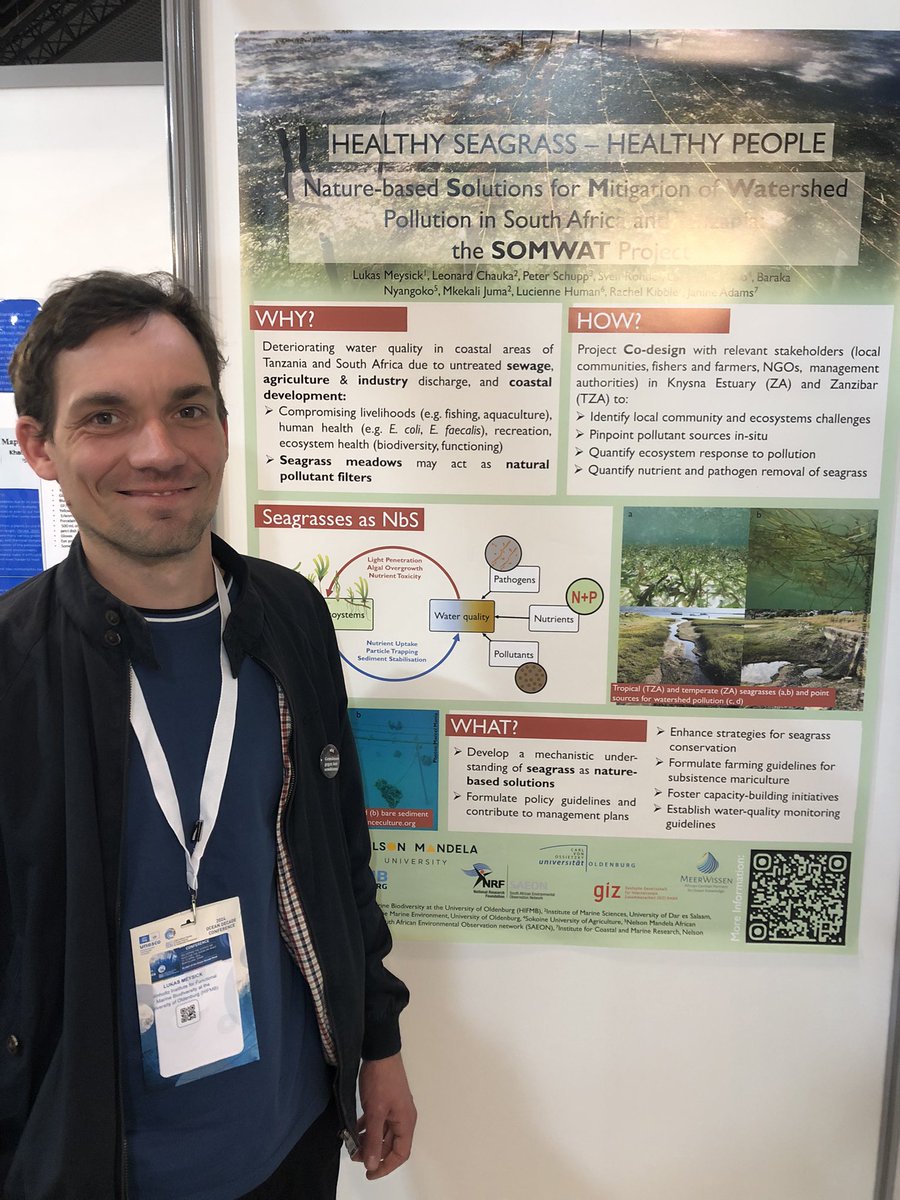 Our project #SOMWAT presents a poster about seagrass as #NaturebasedSolutions to reduce watershed pollution using #CoDesign to improve local livelihoods in 🇹🇿 and 🇿🇦 at the @UNOceanDecade Conference! Check out our exciting work in the poster hall. meerwissen.org