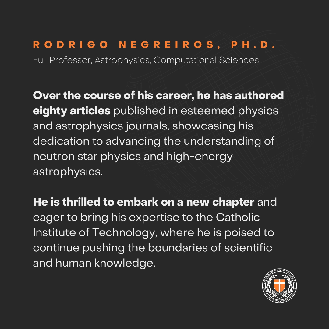 CathInstTech's tweet image. Welcome to Dr. Rodrigo Negreiros, our newest Full Professor in Astrophysics and Computational Sciences at the Catholic Institute of Technology.

#Astrophysics #ComputationalSciences #NeutronStars #CatholicInstituteOfTechnology
