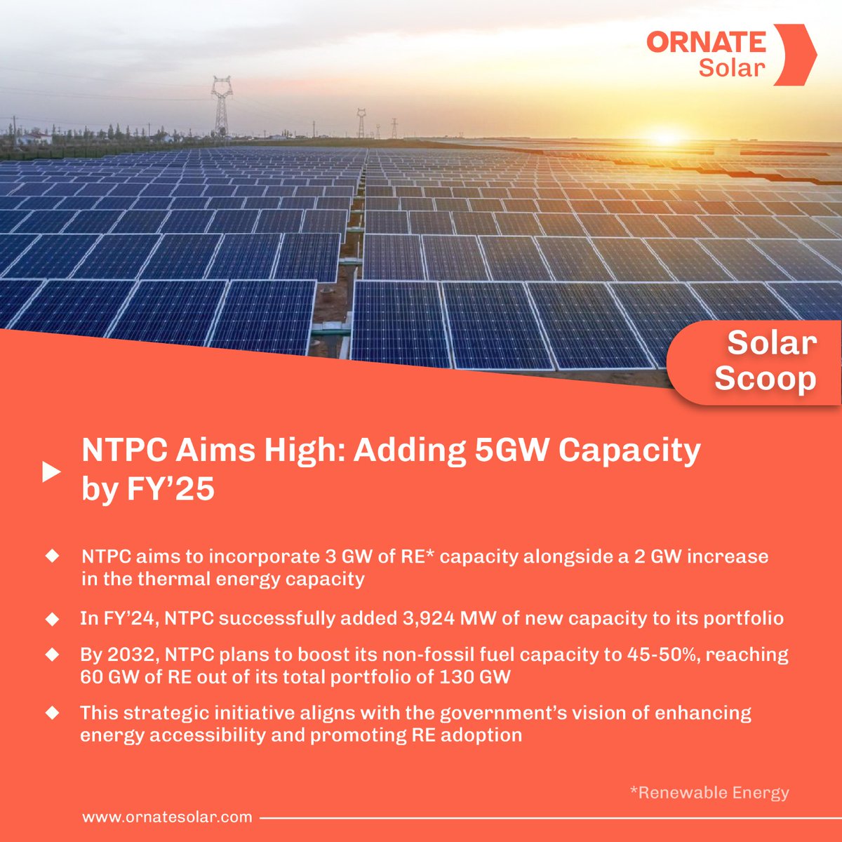 Powering the Future: NTPC leads the charge towards sustainability!  With 3 GW of renewable energy and a 2 GW boost in thermal capacity, they're lighting the way to a brighter, cleaner future.

Get the full scoop here 👇🏽
.
.
#OrnateSolar #Solarscoop #Solarenergy