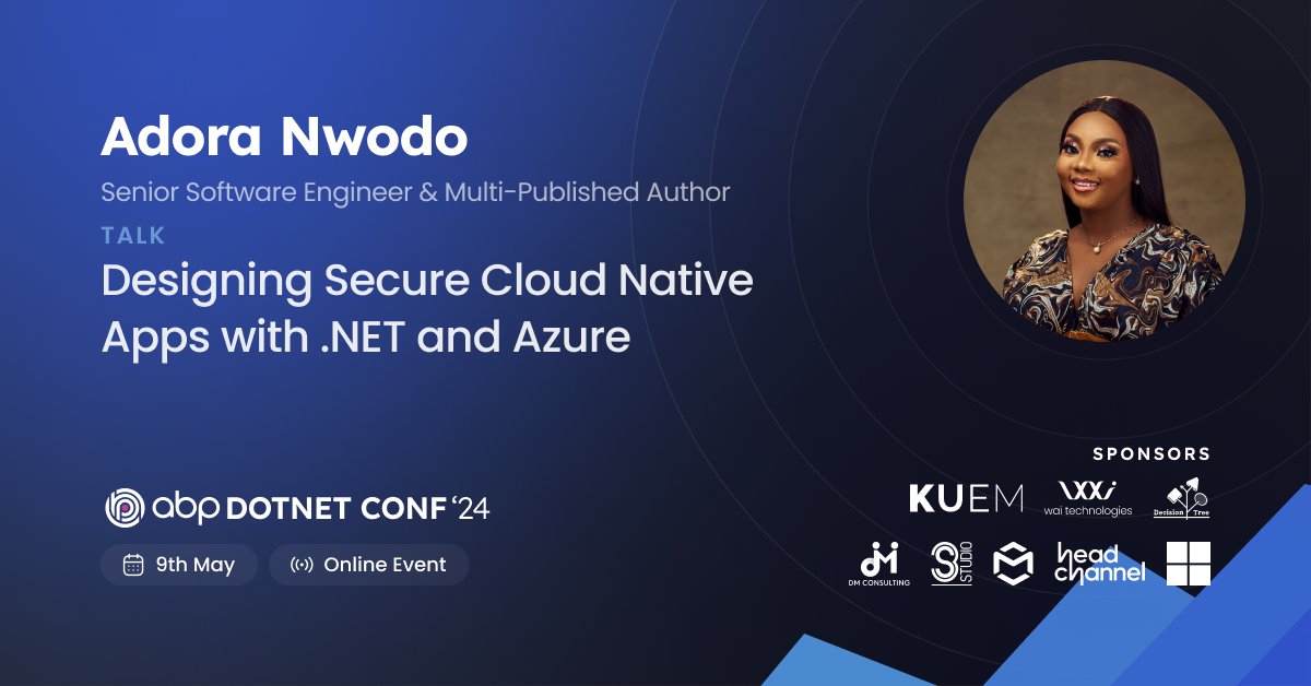 Super excited to be speaking at the @abpframework #DotNet Conference 2024 🩵 ✨ 📅 May 9th, 2024 I'd be speaking about Designing Secure Cloud Native Apps with @DotNet and @Azure. ☁️ 👩🏽‍💻 Click here to register ⬇️ abp.io/conference/202… See you thereeee 🚀🚀🚀