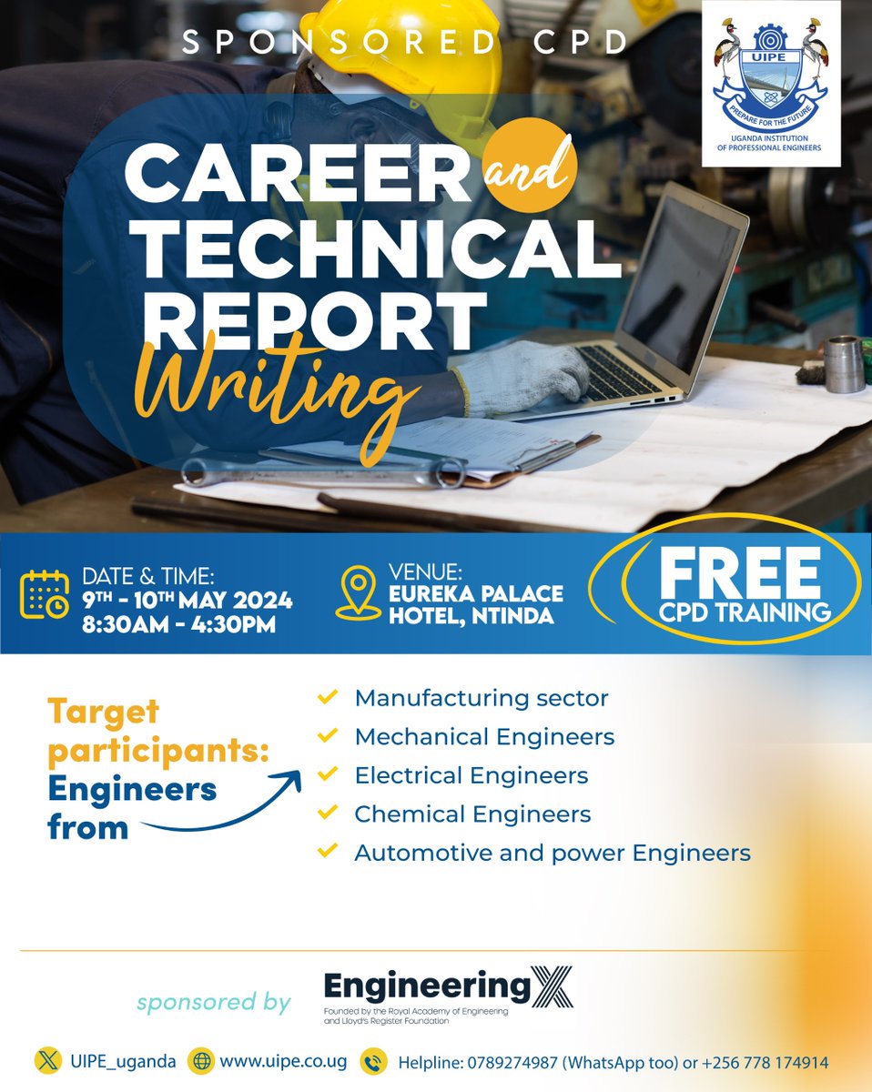 Register & be part of #FREE Career & Technical Report Writing #UIPECPDTraining that will take place from 9th-10th May 2024 at Eureka Palace Hotel, Ntinda  

docs.google.com/forms/d/e/1FAI…

#UIPEUpdates