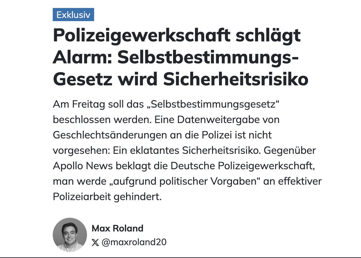 Exklusiv: Die Deutsche Polizeigewerkschaft sieht im #Selbstbestimmungsgesetz erhebliche Sicherheitsrisiken. Die Polizeibehörden werden über den Geschlechtswechsel nämlich nicht informiert - Straftäter können mit neuem Geschlecht, neuem Namen und neuem Pass einfach der Fahndung…