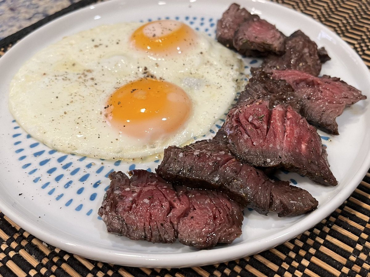 Slowly reheated dinner steak for breakfast, trying to avoid overcooking the beef.