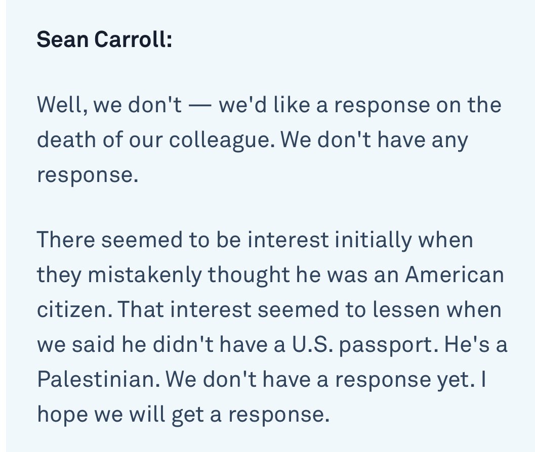This part from my interview with Sean Carroll of @AneraOrg stood out. His colleague - aid worker Mousa Shawwa - was killed in an Israeli air strike in Gaza last month. I asked about the IDF response. Intvu here: pbs.org/newshour/show/…