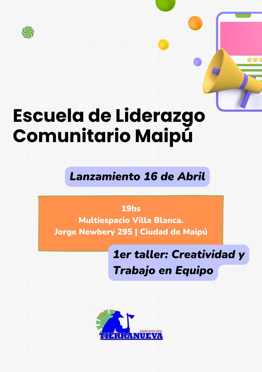 florenciadecima's tweet photo. Junto a @tierranueva2005 Lanzamos la Primer Escuela de Liderazgo Comunitario en Maipú 💪

Un espacio para aprender habilidades prácticas y conectar con personas comprometidas  🥰 https://t.co/WrJfK0GNRm