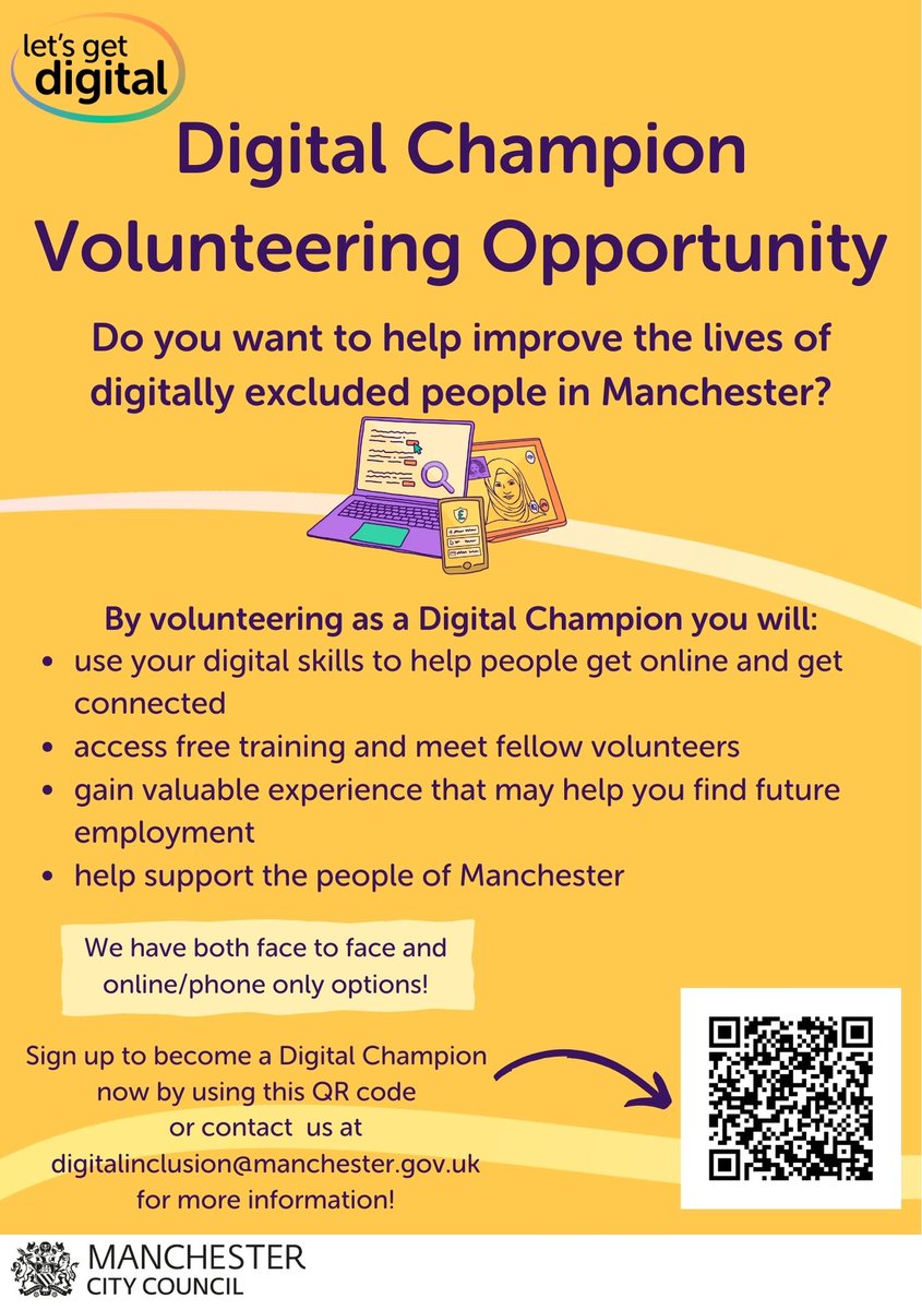 Are you interested in become a #Digital #Champion #Volunteer. You would be helping improve the lives of digitally excluded people in #Manchester? #letsgetdigital @ManCityCouncil more information on the leaflet