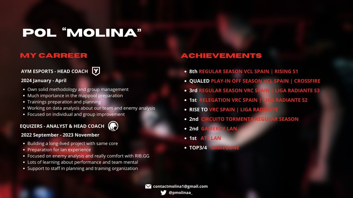 Molina (@pmolinaa_) on Twitter photo After what happened with <a href="/AYMEsports/">AYM</a> im LFT as HC/AC
- Looking mainly for VCL/GC
- Aviable for any region
- Comfort and capable also on analyst role
References: <a href="/KronDominguez00/">OTK KronN🐘🐘</a> <a href="/ChechuuVAL/">MT Chechuu</a>
Work samples or contact feel free through my DMs
♻️Support is appreciated! After what happened with <a href="/AYMEsports/">AYM</a> im LFT as HC/AC
- Looking mainly for VCL/GC
- Aviable for any region
- Comfort and capable also on analyst role
References: <a href="/KronDominguez00/">OTK KronN🐘🐘</a> <a href="/ChechuuVAL/">MT Chechuu</a>
Work samples or contact feel free through my DMs
♻️Support is appreciated!