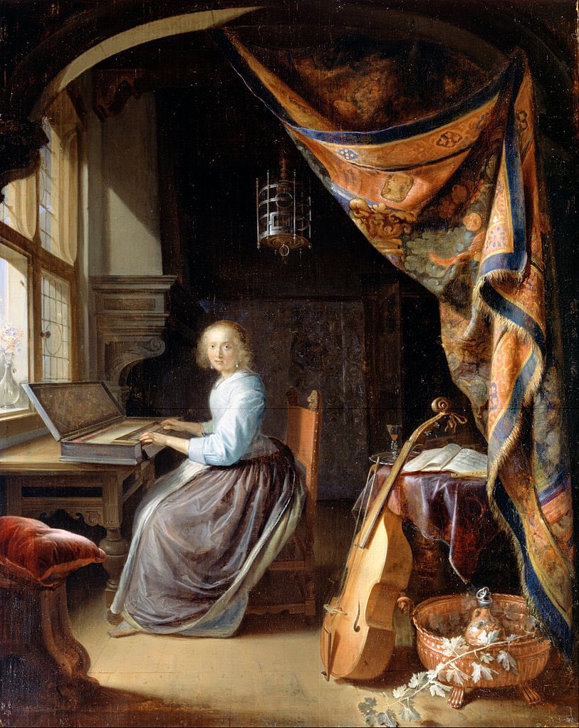 Draw back the tapestry and there's a young lady at the clavicord, in 1665. As painted by Gerrit Dou, fine painter of Leiden, whose birthday we are celebrating.