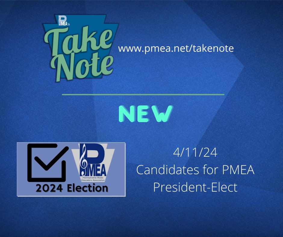 We released a new PMEA podcast today and we're talking with the two candidates for PMEA President-Elect. You can find Take Note in your favorite podcast app or at PMEA.net/takenote Take Note is sponsored by the Grove City College Department of Music.