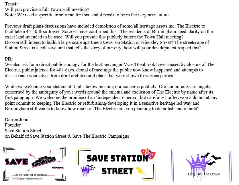 Our response to the statement by @Glenbrookprop on 10/4/2023 regarding Station Street & The Electric Cinema, Birmingham. We appreciate warm words, have many outstanding Q's & are underwhelmed by no explicit commitment to keeping The Electric #SaveTheElectric #SaveStationStreet