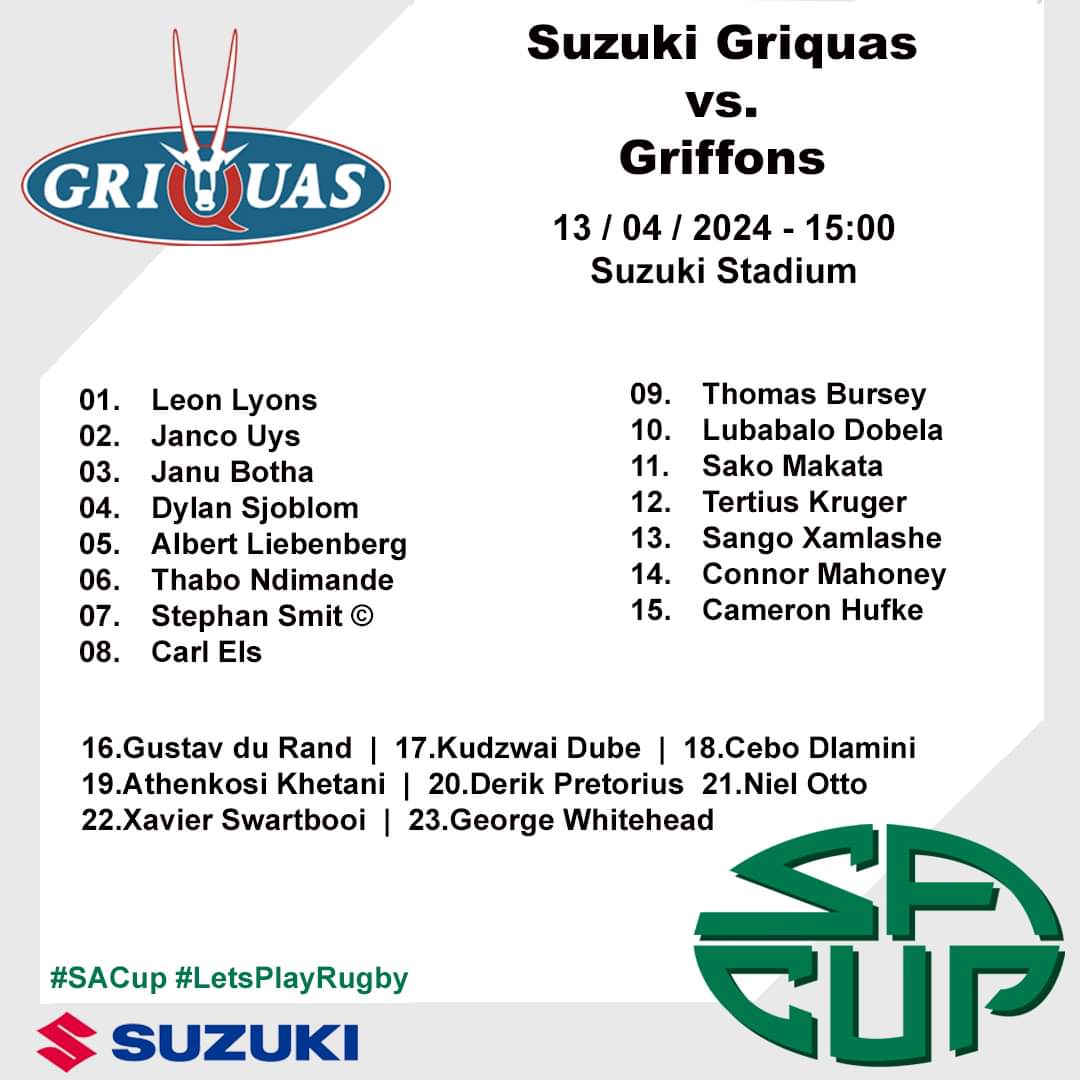👊 Team Announcement 🔵 Suzuki Griquas vs. Griffons 🎟 Tickets available - ticketpros.co.za or at the gates R50 per adult | scholars and students free ! 🪅 Kiddies play area 🍻 Gemsbok Bar #letsplayrugby #sacup #suzukigriquas #experiencenortherncape #somuchmoretofeel