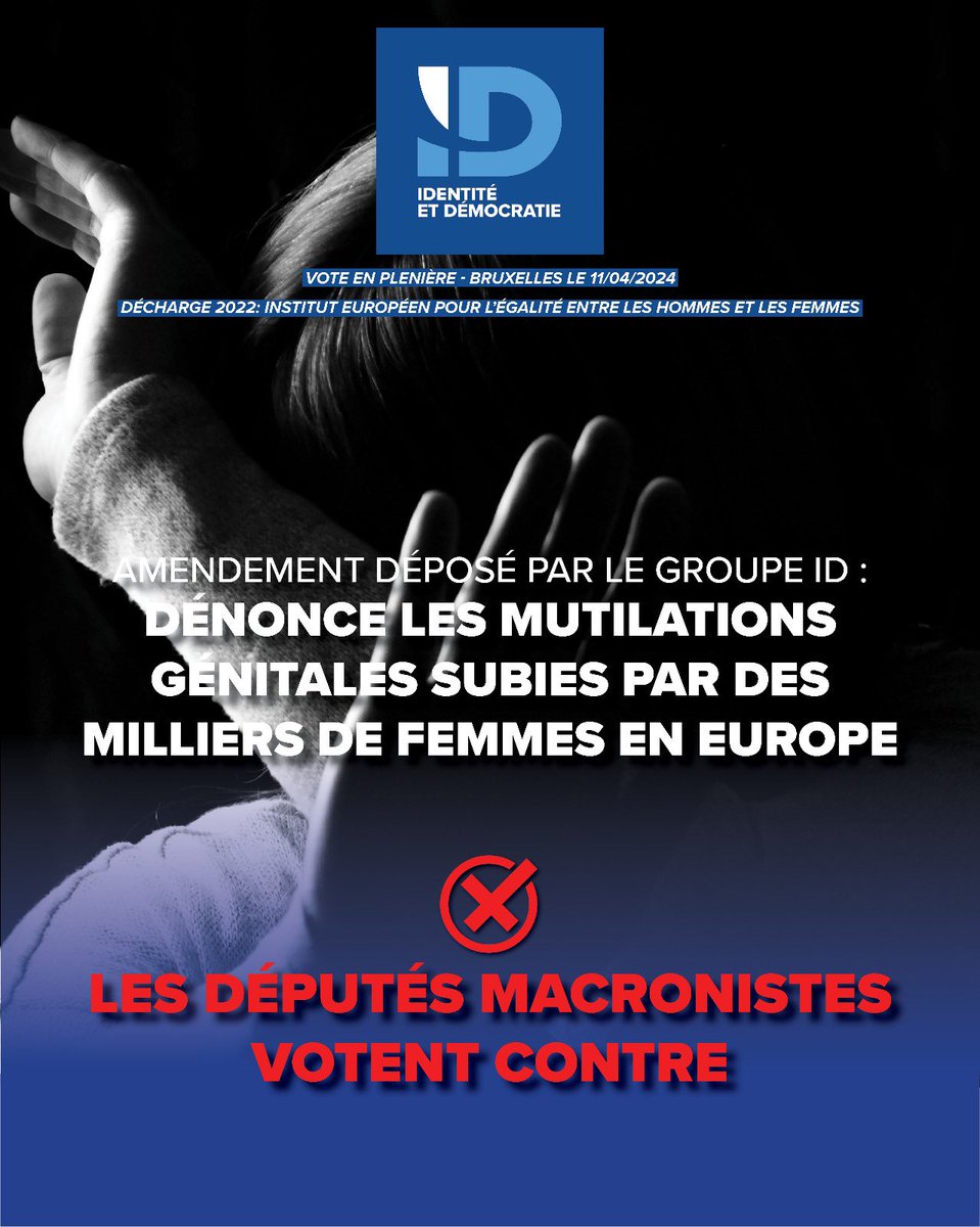 Les députés macronistes au Parlement européen ont voté contre l'amendement déposé par le Groupe ID sur les mutilations génitales. 12 voix ont manqué pour qu’il soit adopté. Ils font passer les basses manœuvre politiciennes avant la protection et la santé des femmes.