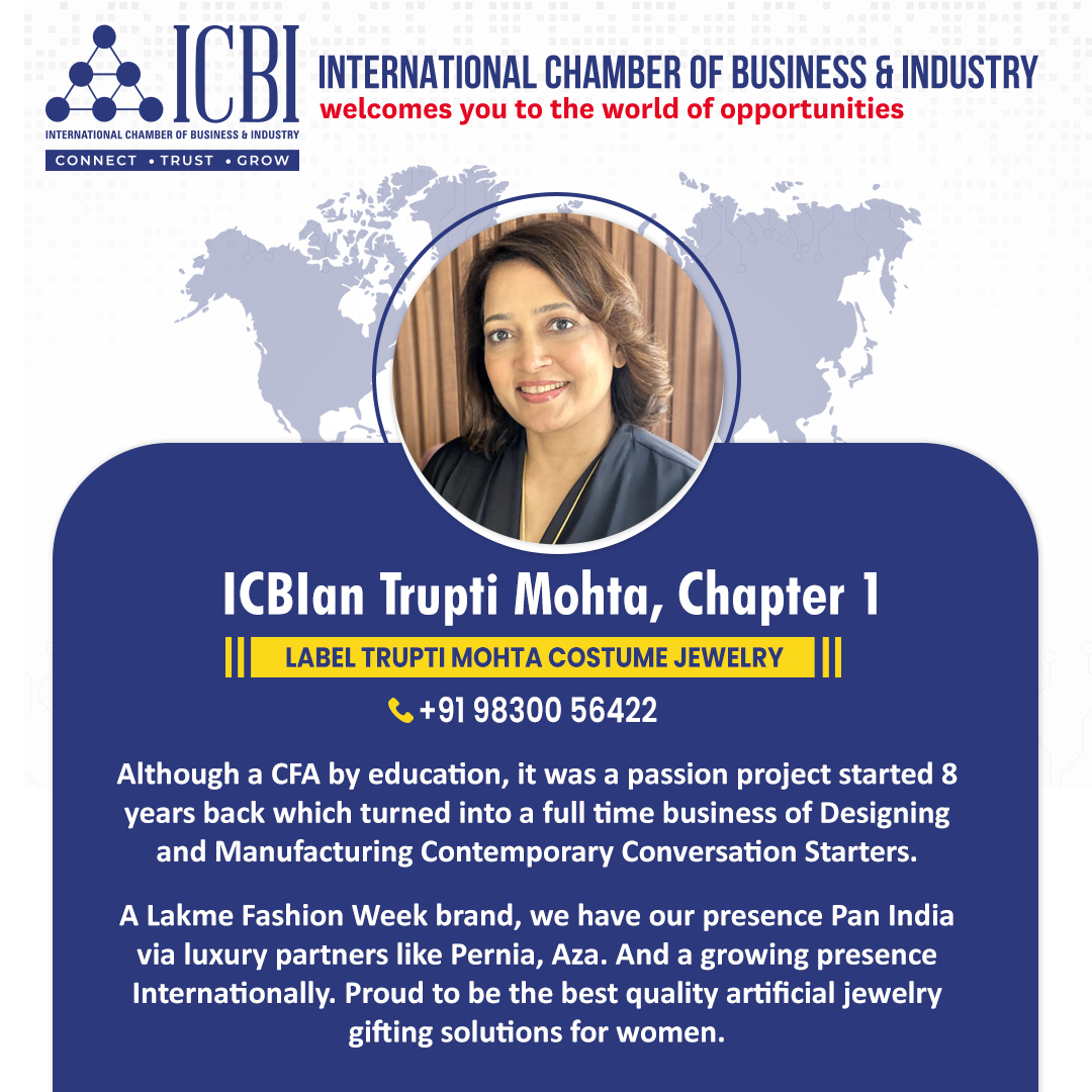 🎉 Let's give a warm ICBI welcome to our newest member, Trupti Mohta! 🌟 Wishing her all the success as she joins our dynamic business chamber. Here's to thriving together! 🚀 
.
.
.
#newmember #BusinessCommunity #WelcomeAboard #ICBI #Connect #Trust #Grow #BusinessChamber