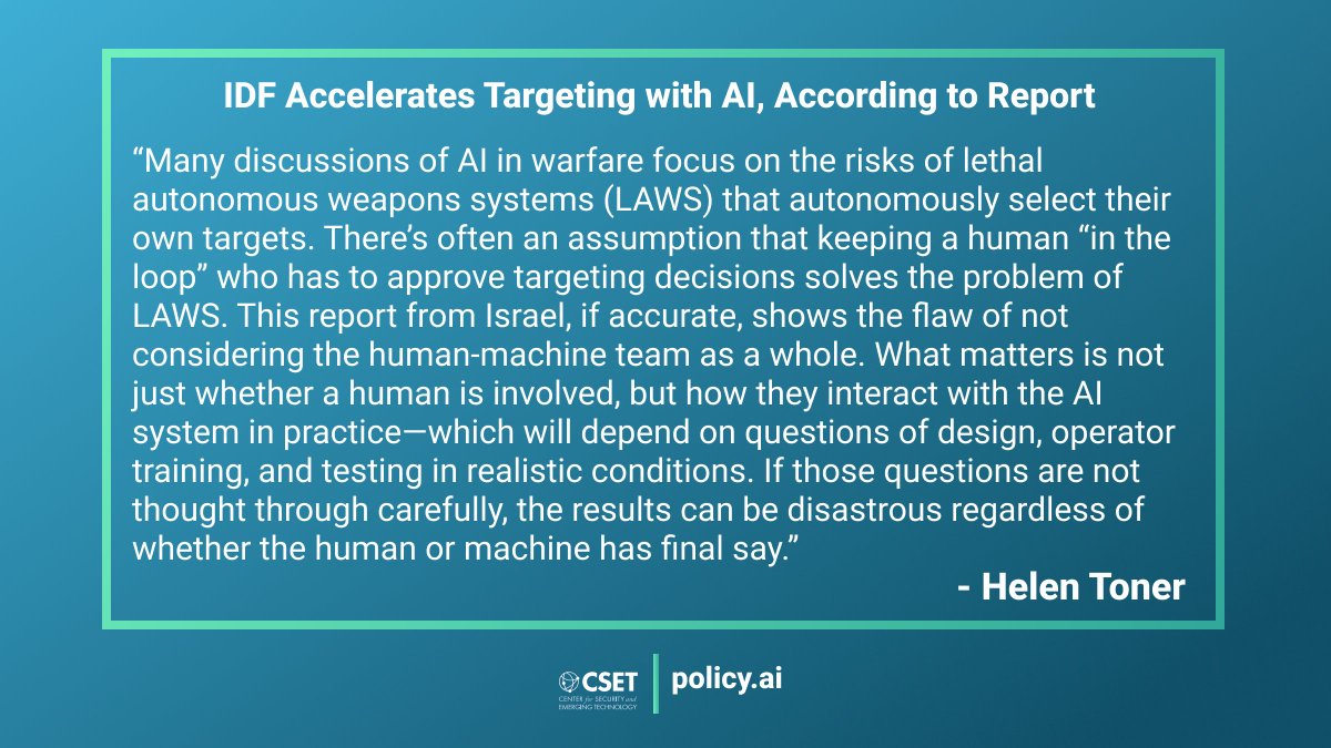 Last week, @972mag reported that the IDF has leaned heavily on AI to select bombing targets in Gaza. In this week’s newsletter, @hlntnr explained what the report, if true, says about LAWS deployment around the world. Read the full newsletter: bit.ly/3UcJkHL