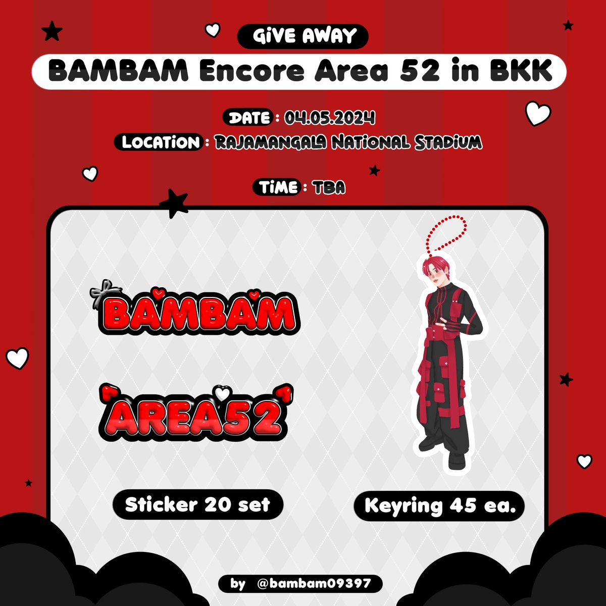 ⋆𐙚₊˚⊹ Give away ⋆𐙚₊˚⊹ BAMBAM Encore Area 52 in BKK ♡ Keyring 45 ea ♡ Sticker 20 ea Date : 04.05.2024 Time : TBA Location : Rajamangala National Stadium #BamBam #AREA52 #BAMBAMENCOREAREA52INBKK #BamBam_TOUR_AREA52 #BamBamAREA52ราชมัง