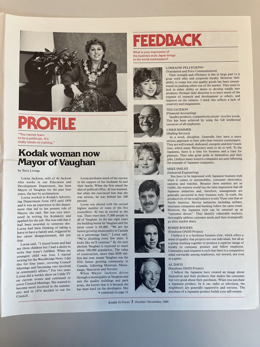 K is for Kodak! Kodak Staff Newsletter from the 1986 features Mayor of Vaughan for 20 years Lorna Jackson. She worked at Kodak Advertising Department from 1953 until 1959. #ArchivesAtoZ #TorontoArchives #TOHistory ow.ly/8HYP50R7rqh