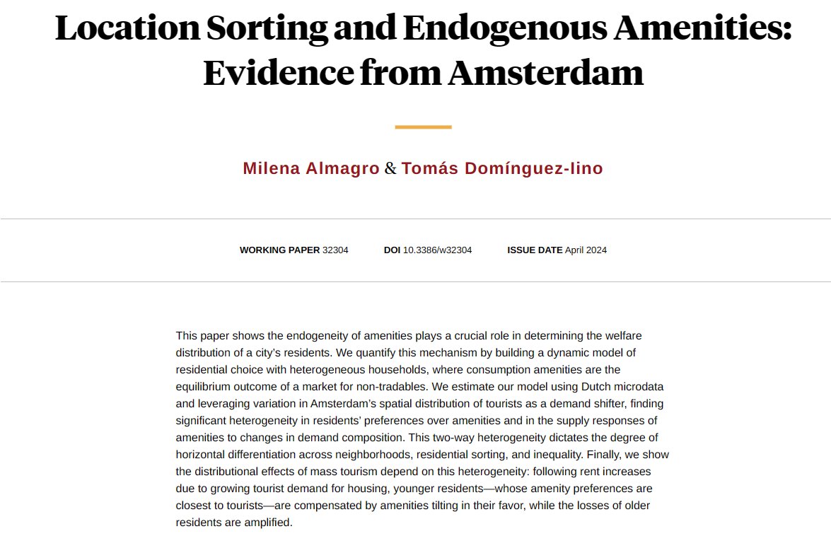 Endogeneity of amenities play a crucial role in determining the welfare distribution of a city’s residents, from @MilenaAlmagro and @tomasdom nber.org/papers/w32304