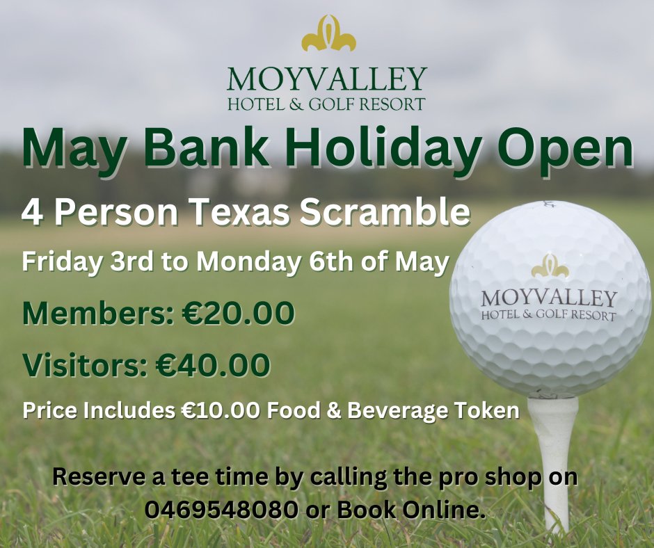 ** May Bank Holiday Weekend Moyvalley Challenge ** Tee Times are now available to reserve for our May Bank Holiday Open competition. Reserve a tee time online by clicking on the link below. visitors.brsgolf.com/moyvalleygolf...