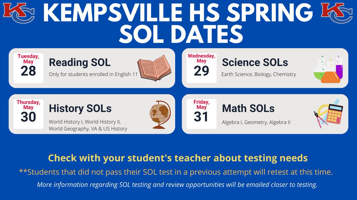 SAVE THE DATES!!! SOL testing dates are approaching.