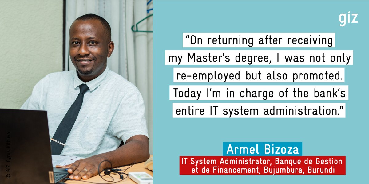 Lifelong learning is 🔑. IT expert Armel went back to university with a scholarship from @eacgiz. Now, he is better equipped to solve problems. With his new skillset, he returned to his former employer in Burundi. 📚✨ giz.de/en/worldwide/1… #GIZworks #25YearsEAC #education