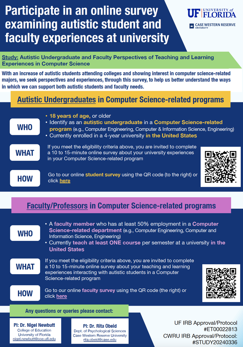 📢We're looking for #autistic undergrads and faculty in #computerscience disciplines to fill in a survey about their experiences in higher education (in the States). Links and details below. Pls RT 👨‍🎓 UG Survey: ufl.qualtrics.com/jfe/form/SV_es… 👩‍🏫 Faculty Survey: ufl.qualtrics.com/jfe/form/SV_0j…
