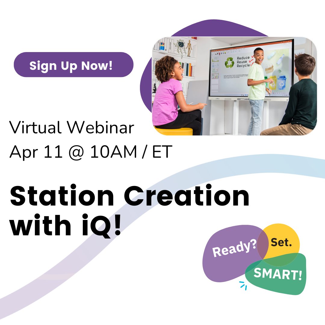 📣Happening today - Station Creation with iQ Webinar Explore tools and ideas to quickly transform your SMART board with iQ into small-group learning stations. Sign up here to join live or get a recording emailed to you: bit.ly/3IOtKM5