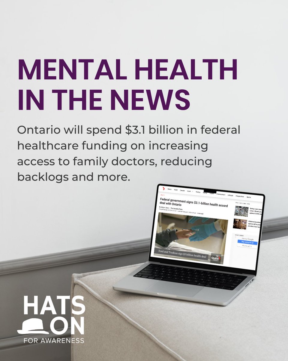 Mental health in the news 💜 Ontario will spend $3.1 billion in federal health-care funding on increasing access to family doctors. Learn more at hatsonfoarwareness.com
