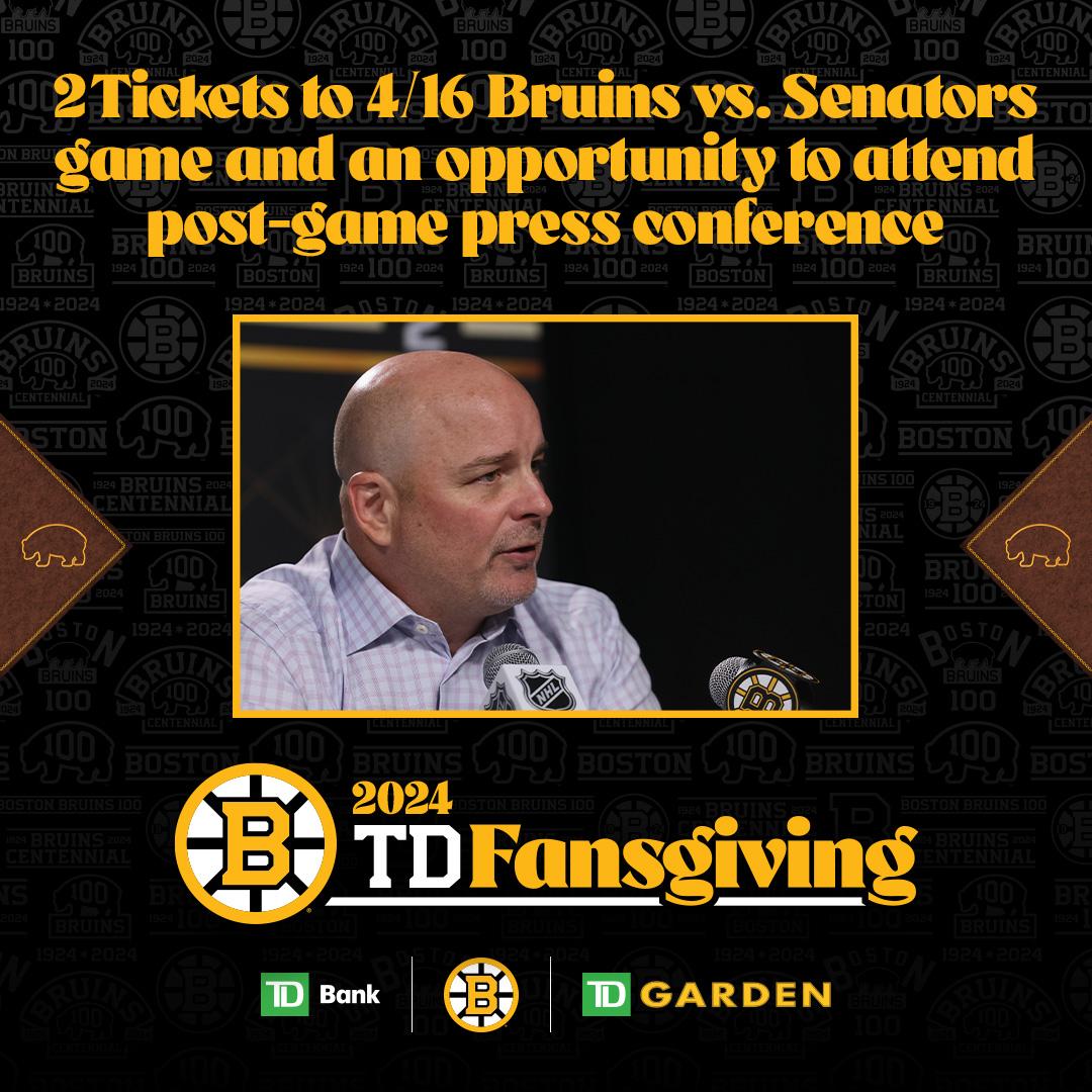 NHLBruins's tweet photo. Today’s prize for #TDFansgiving is two tickets to Fan Appreciation Night pres. by @TDBank_US at the 4/16 Bruins game and an opportunity to attend the post-game press conference! Enter now for your chance to win. RT #TDFansgiving once you have entered!

--> https://t.co/8xgDIBgbof https://t.co/VJjAMDW3Mj