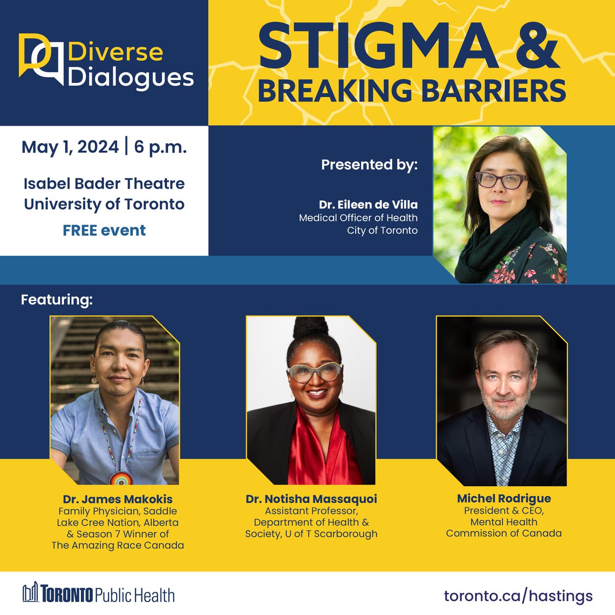 Don’t miss #TPHDiverseDialogues: Stigma & Breaking Barriers on May 1! Join us for a FREE event exploring how stigma impacts health with @DrMakokis , @NotishaMassaqu1 & @MRodrigue_CSMC Register: toronto.ca/hastings Seats are limited.