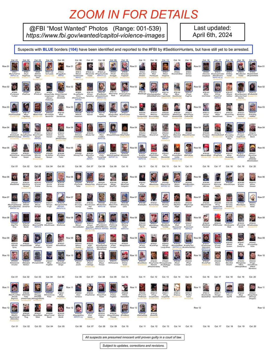 Jan 6th Suspect Round Up. Help #SeditionHunters and the FBI find the traitors. Zoom in for details. Suspects with blue borders have been identified but not yet arrested. Let’s get these enemies of the USA off the streets #ProudBlue