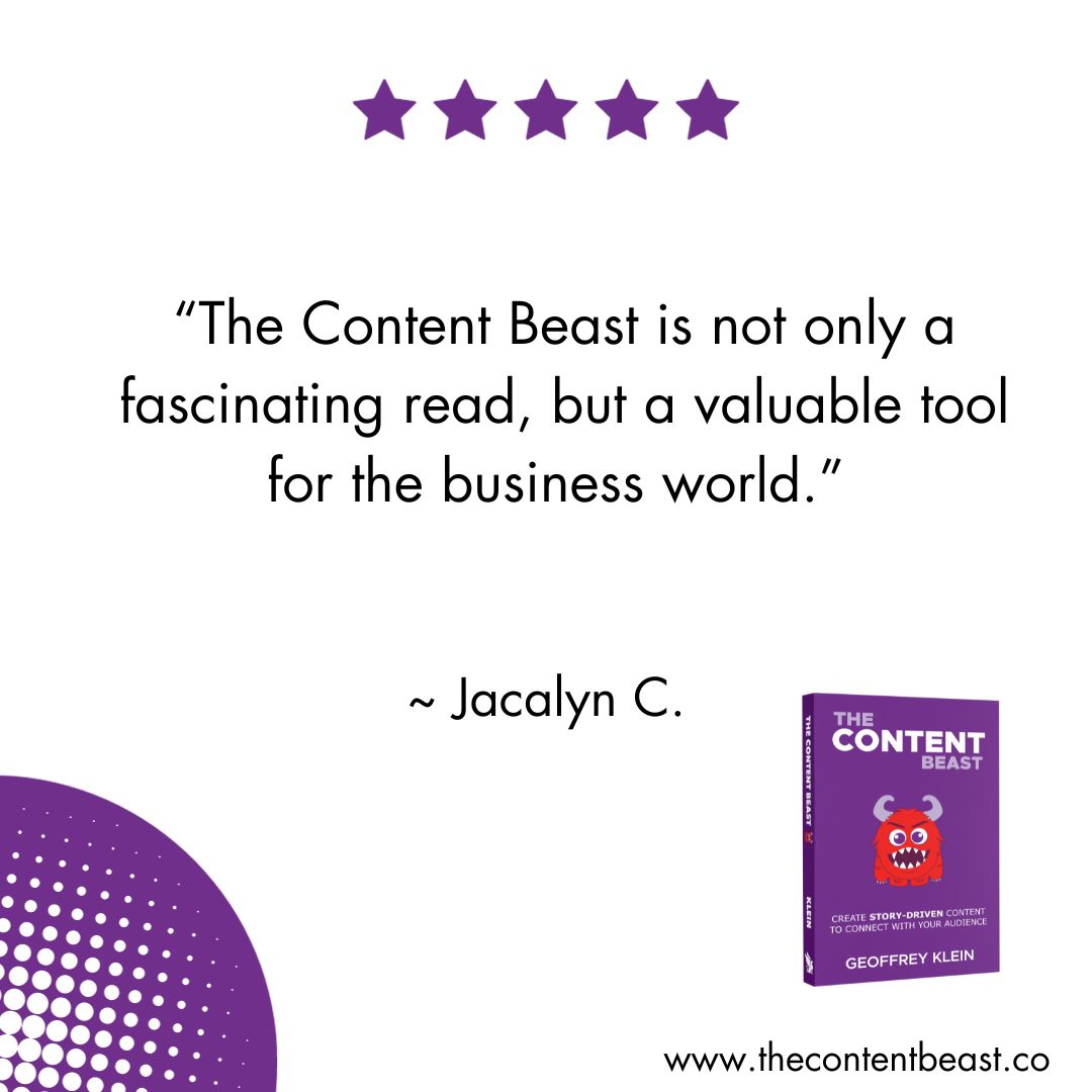 Thrilled to see another reader learning to feed the Content Beast with Geoffrey Klein's insights! The journey to mastering content is an exciting one.

 #TheContentBeast #StoryMatters #FiveStarReview