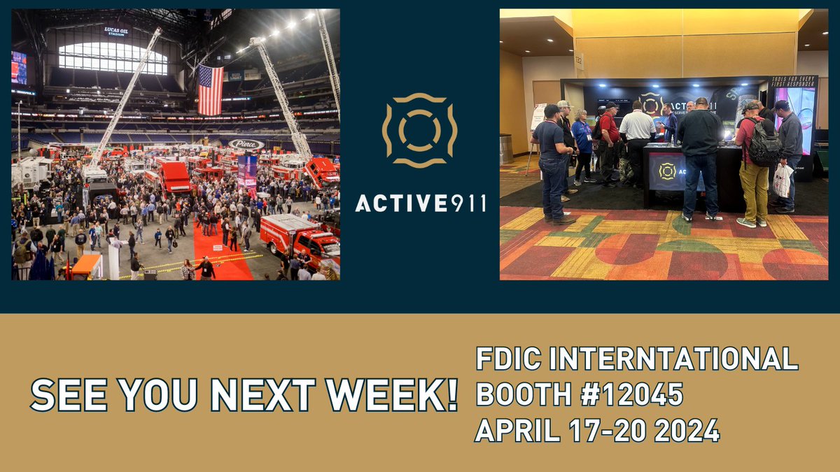 Active911's tweet photo. FDIC International is upon us yet again! Will you be attending too?
Swing by and check in with us and see what is new with Active911, ActiveAlert, and ActiveComms!
Don't forget to bring a patch to trade us for an Active911 Patch!
#active911 #activealert #firefighter #fdic https://t.co/rfeYg1EnIN