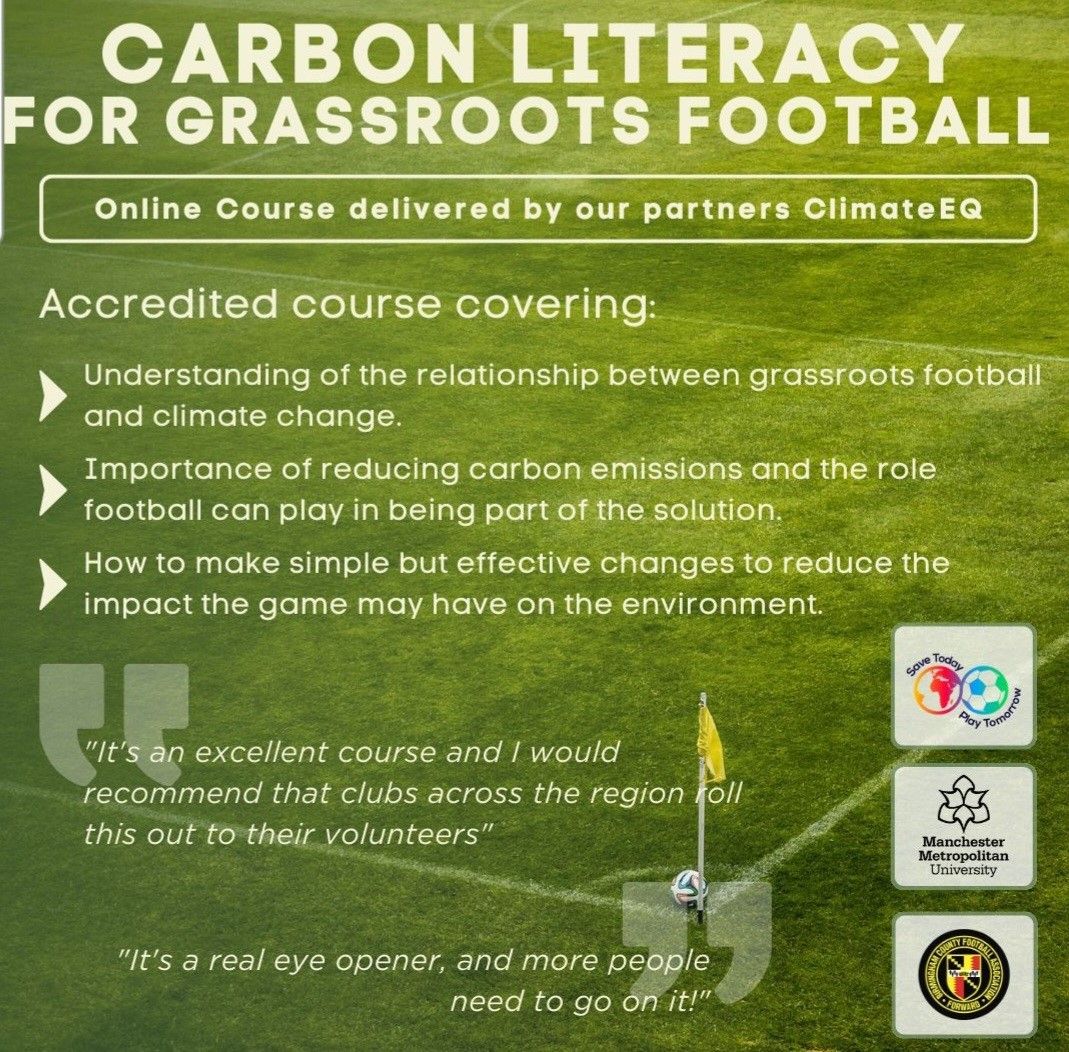 💻 | Take our Carbon Literacy for Grassroots Football Course, delivered online by our partners Climate EQ 📅 Mon 22nd & Tues 23rd April, 6-9pm each evening (learners must be available for both sessions) 💰 Places cost just £10 Book your place please here➡buff.ly/4aCie2V