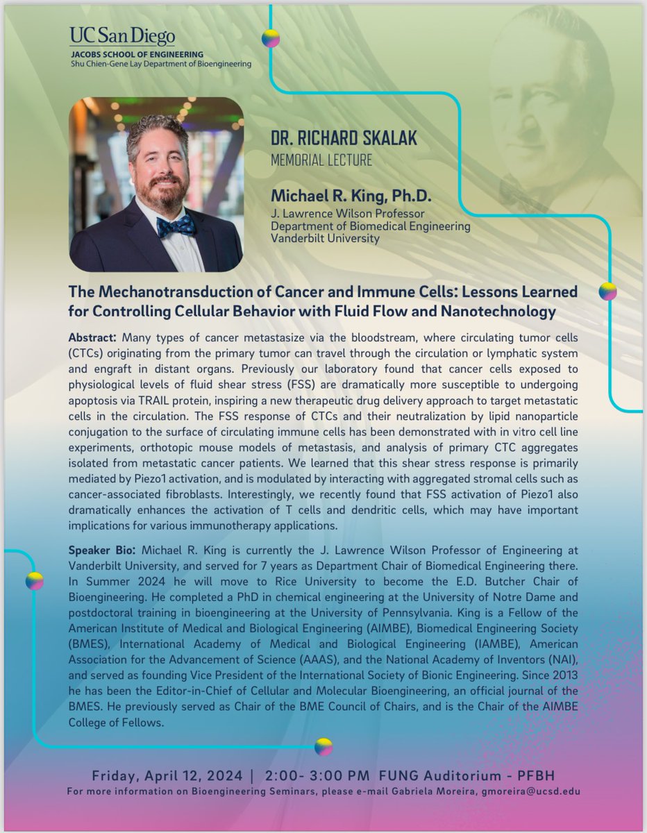 I am honored to deliver the Dr. Richard Skalak Memorial Lecture at @ucsdbe tomorrow! It’s humbling to consider the legacy of Dr. Skalak and distinguished colleagues, but also energizing that our shared interest in biorheology and cell biophysics is just as important today 🙏