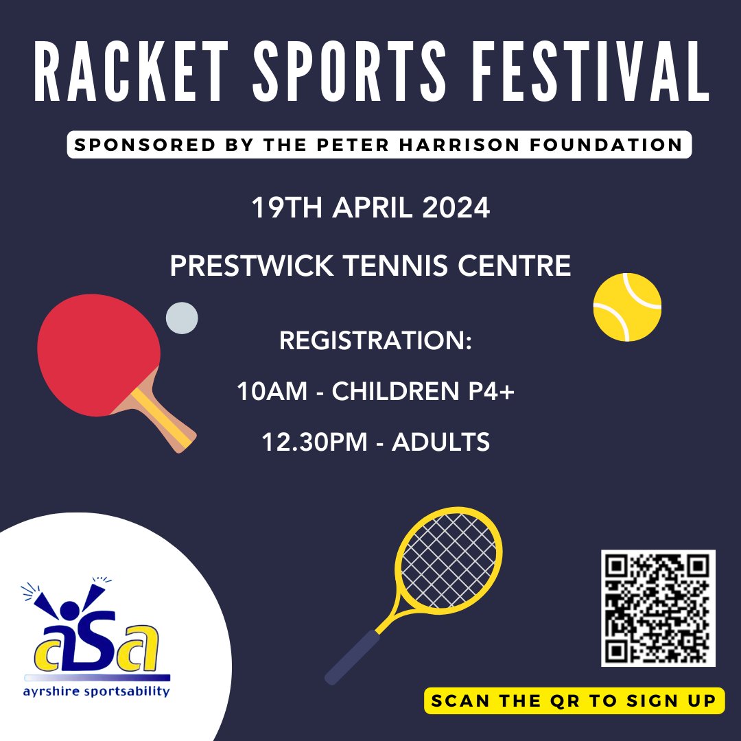 Ayrshire Sportsability Racket Sports Festival🎾 Children (P4+) and Adults Welcome! 📍19th April 2024 📍Prestwick Tennis Centre Sign up here: ow.ly/1olw50QTvfr