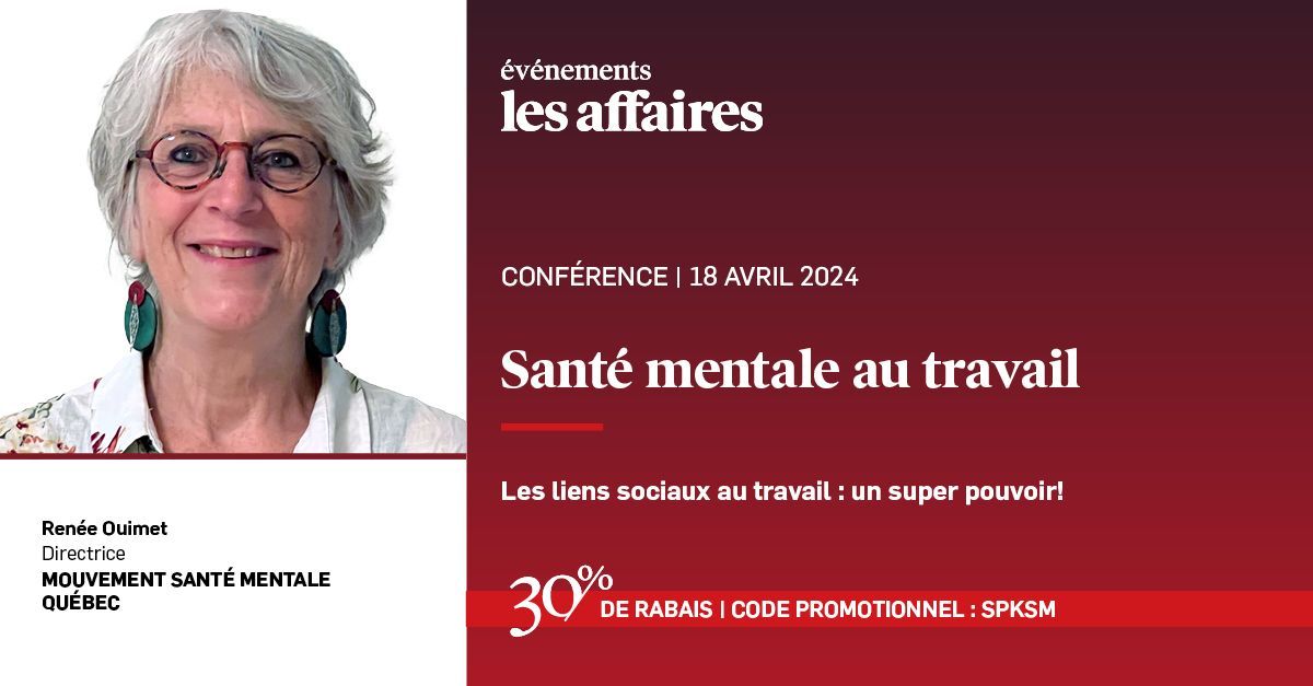 Le 18 avril prochain, notre directrice Renée Ouimet fera une conférence sur la santé mentale au travail ❤️ 

Pour tous les détails, c'est ici bit.ly/497DXy7