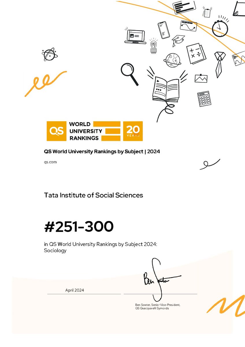 #Announcement

We are delighted to share that the Tata Institute of Social Sciences has
been ranked #251-300 in the 2024 QS World University Rankings by
Subject: Sociology!

#TISS #TataInstituteOfSocialSciences #InstitutionalRankings #QSRankings #QSRankings2024