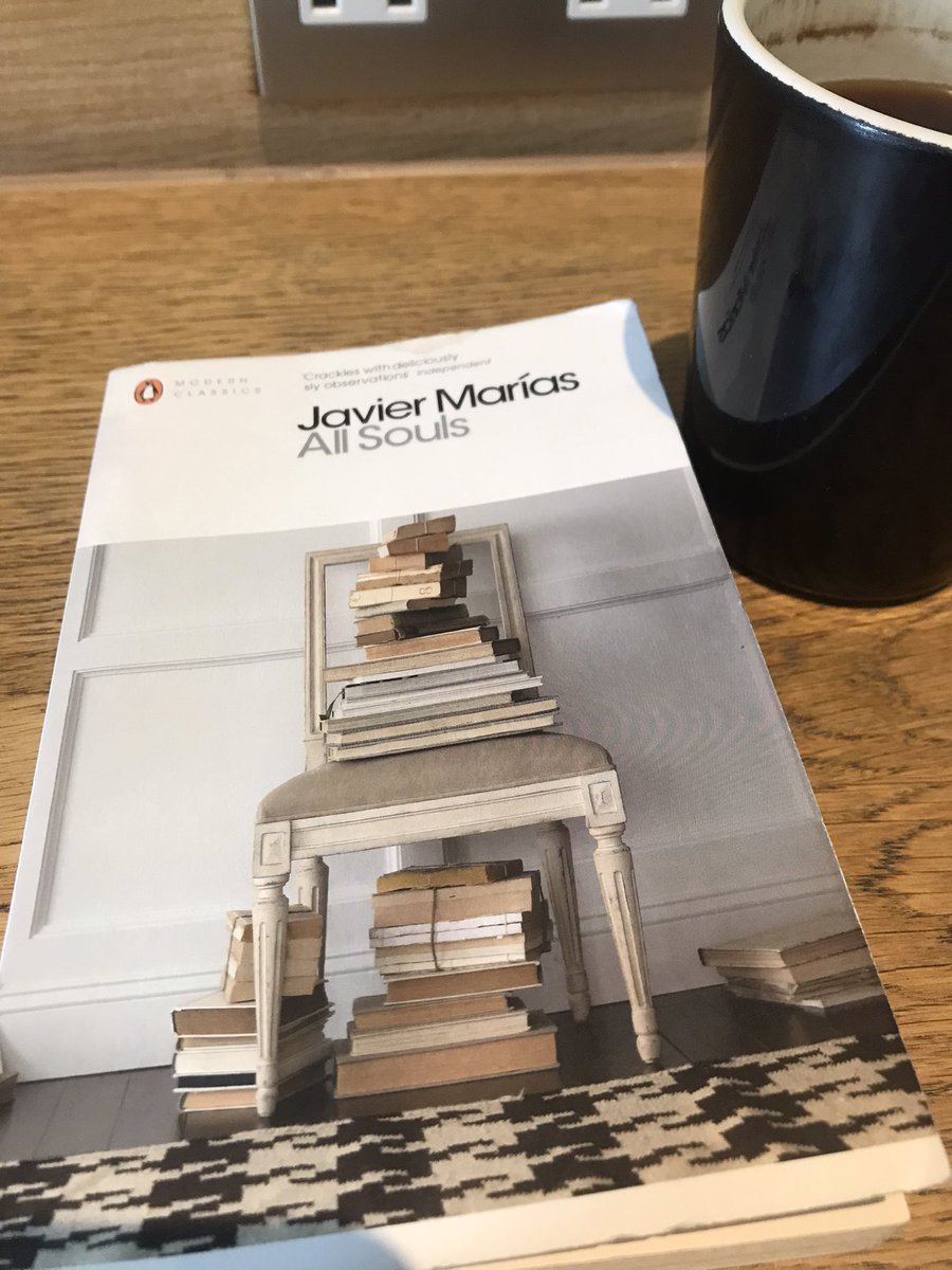 This is a struggle for me. Possibly a bit smug at times. It might be the author photograph on the back. I don’t want to speak ill of old Javier, who’s no longer with us. Maybe I just don’t like the Oxford novel.
Anyway I’m finishing it. 
#books #coffee #plugsockets