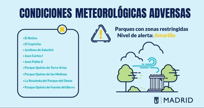 📢Este jueves 11 de abril, de 18:00 a 21:00 h se activa la alerta amarilla 🟡 por condiciones meteorológicas adversas según previsiones de @AEMET_Esp 🌳 El Retiro y otros ocho parques de la ciudad mantendrán zonas balizadas 👉 informate.madrid.es/jol6d124