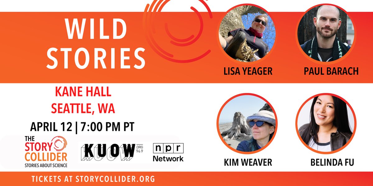 ARE YOU READY for #WildStories🐾TOMORROW! Join hosts Kent Whipple & @MorganWildlife from @kuow #TheWildpod & hear true, personal tales of adventure, wildlife & experiences in nature from Lisa Yeager, Kim Weaver, Paul Barach, & Belinda Fu. It'll be #WILD! 🎟️ow.ly/qKe250R541J