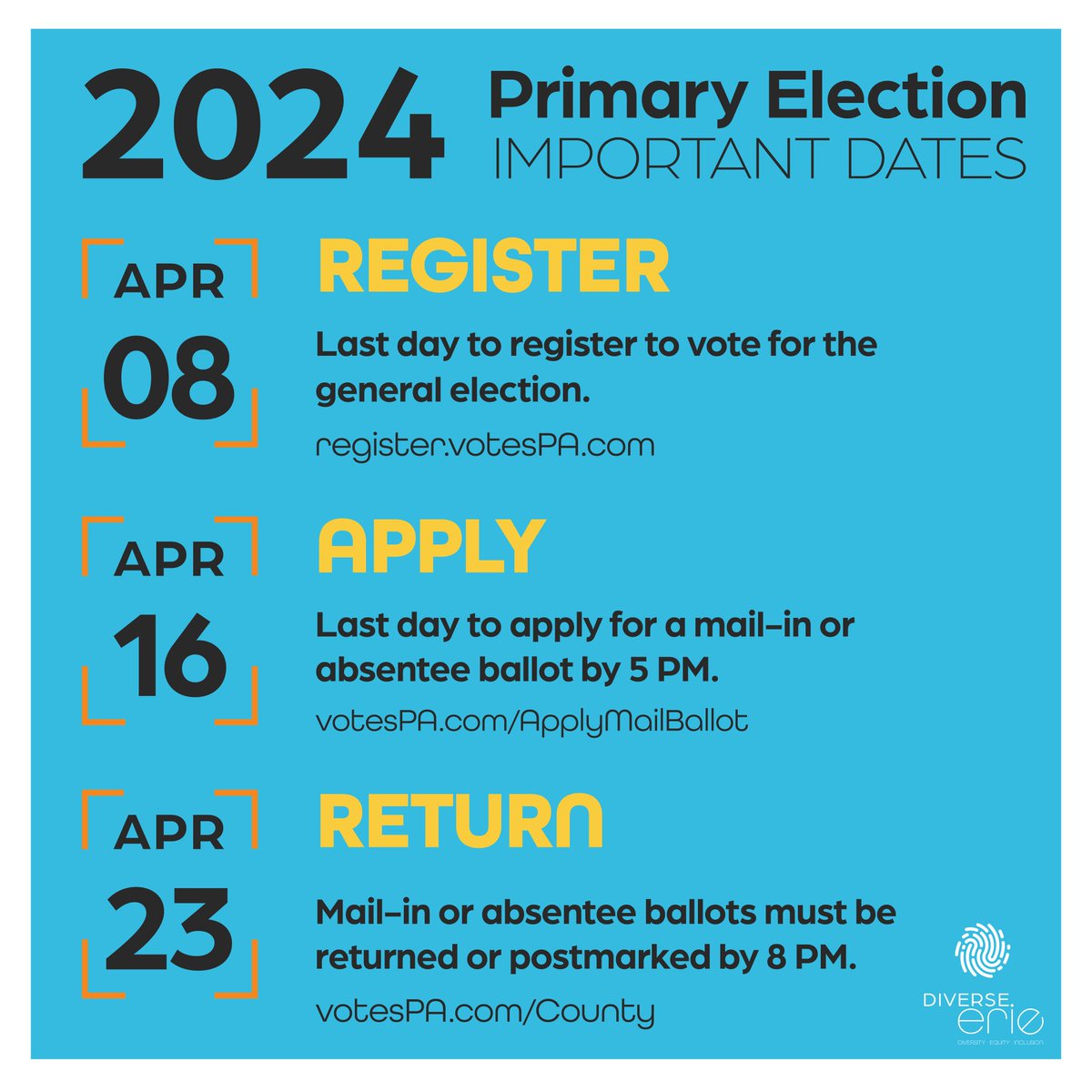 The last day to apply for a mail-in or absentee ballot is April 16th by 5PM! Don't forget! Ballots must be received by your county election office before 8:00pm on April 23rd to be counted. pavoterservices.pa.gov/OnlineAbsentee…