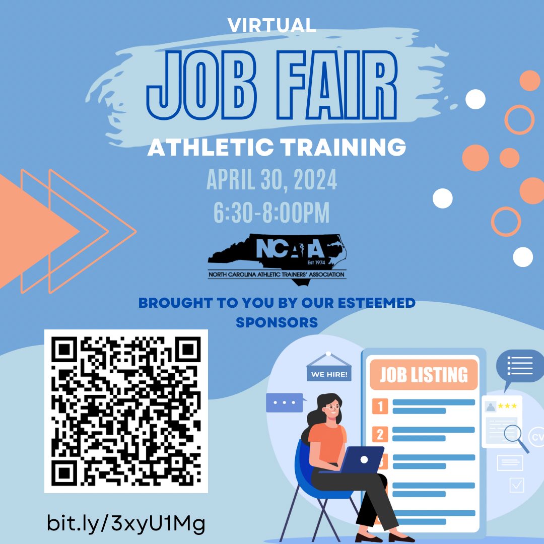 Job seekers! Sign up for our virtual career fair on April 30th! We will also host career development sessions with interview and resume writing tips! Sign up at ncathletictrainer.org/virtual-jobfair