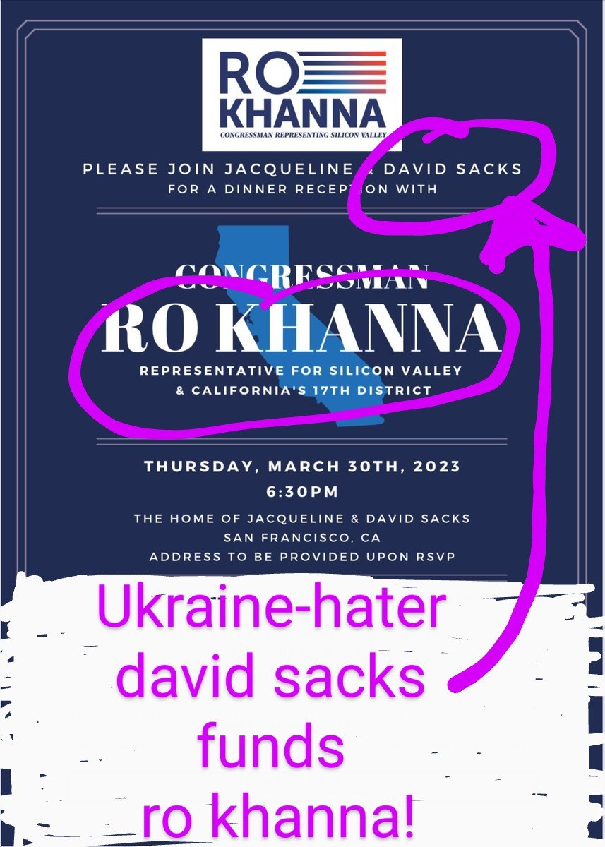 @aprilsparkles1 @OlgaDiem @RoKhanna It's quite simple: This millionaire, @rokhanna (via his wife's fortune) takes money from top Ukraine-hater, david sacks, and calls Ukrainians 'nazis,' while happily ignoring ruSSian #GenocideOfUkrainians & distracting w fake Gaza concerns. Follow the $$$.🤬