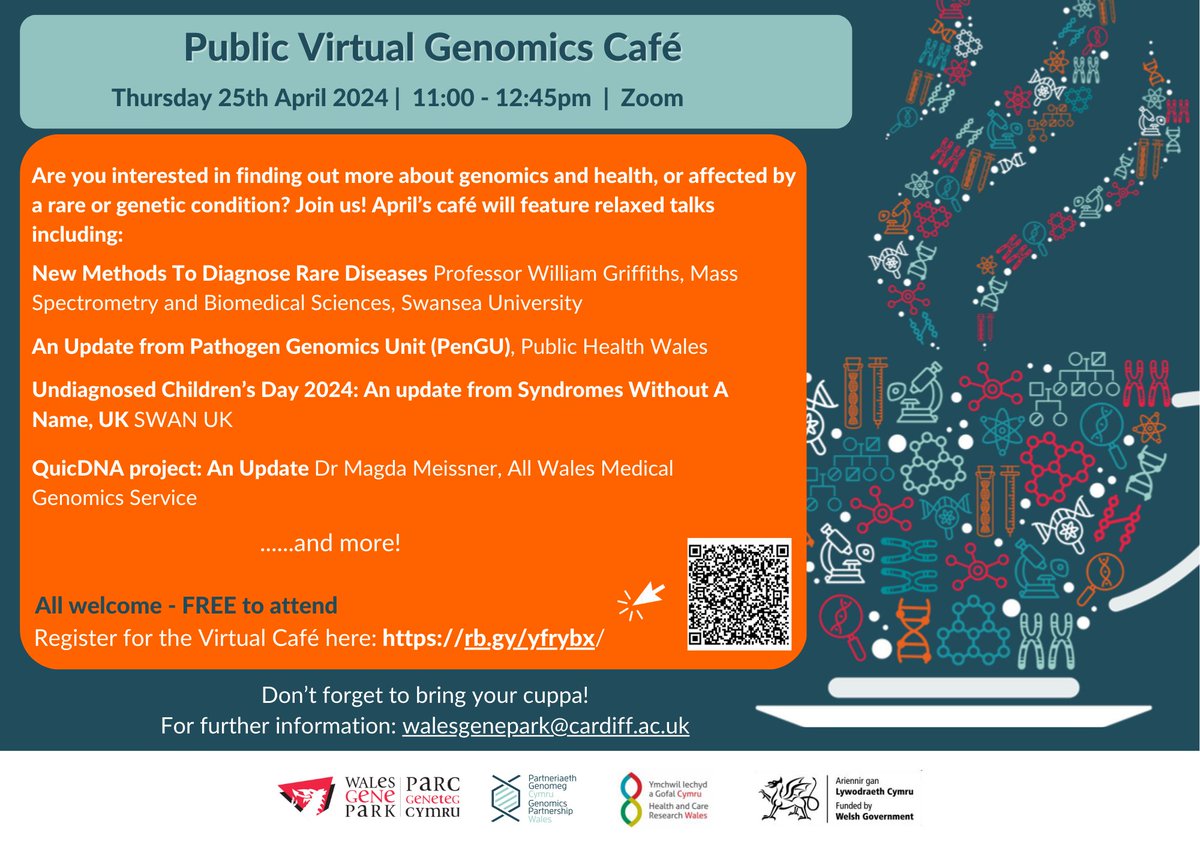 Just two weeks to go until our next #genomics café with @WalesGenePark! Join us for talks on rare disease, the QuicDNA Liquid Biopsy Clinical Trial, @PublicHealthW Pathogen Genomics Unit and #UndiagnosedChildrensDay 2024 All welcome, register FREE here: ow.ly/HnB550R8cmJ