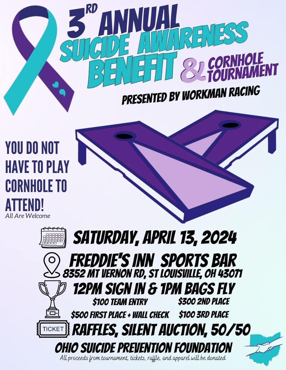 HMSsprintcars's tweet photo. This Saturday, the @Cory_Workman1 racing team is hosting their 3rd Annual Suicide Awareness Benefit and Cornhole Tournament. We’d love if you are able to go and support this cause! https://t.co/Pv0qEhaZE3