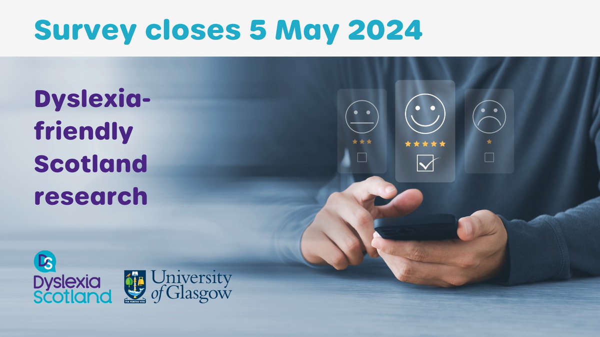 Last few weeks: Scotland's biggest-ever survey of dyslexic adults closes on 5 May. Find out more and link to the survey from our website. @UofGlasgow. dyslexiascotland.org.uk/dyslexia-frien…